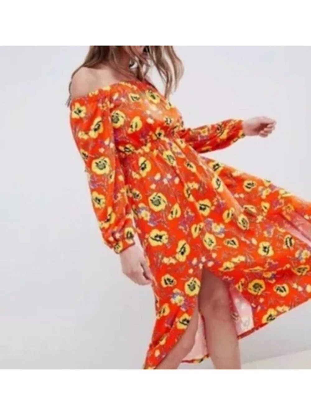 ASOS Women's Off Shoulder Maxi Dress Orange Sunflower Floral Print Boho Summer